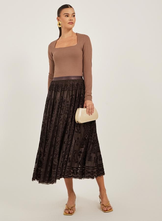 Brown Burnout A-Line Midi Skirt 7011657605 - Image 1
