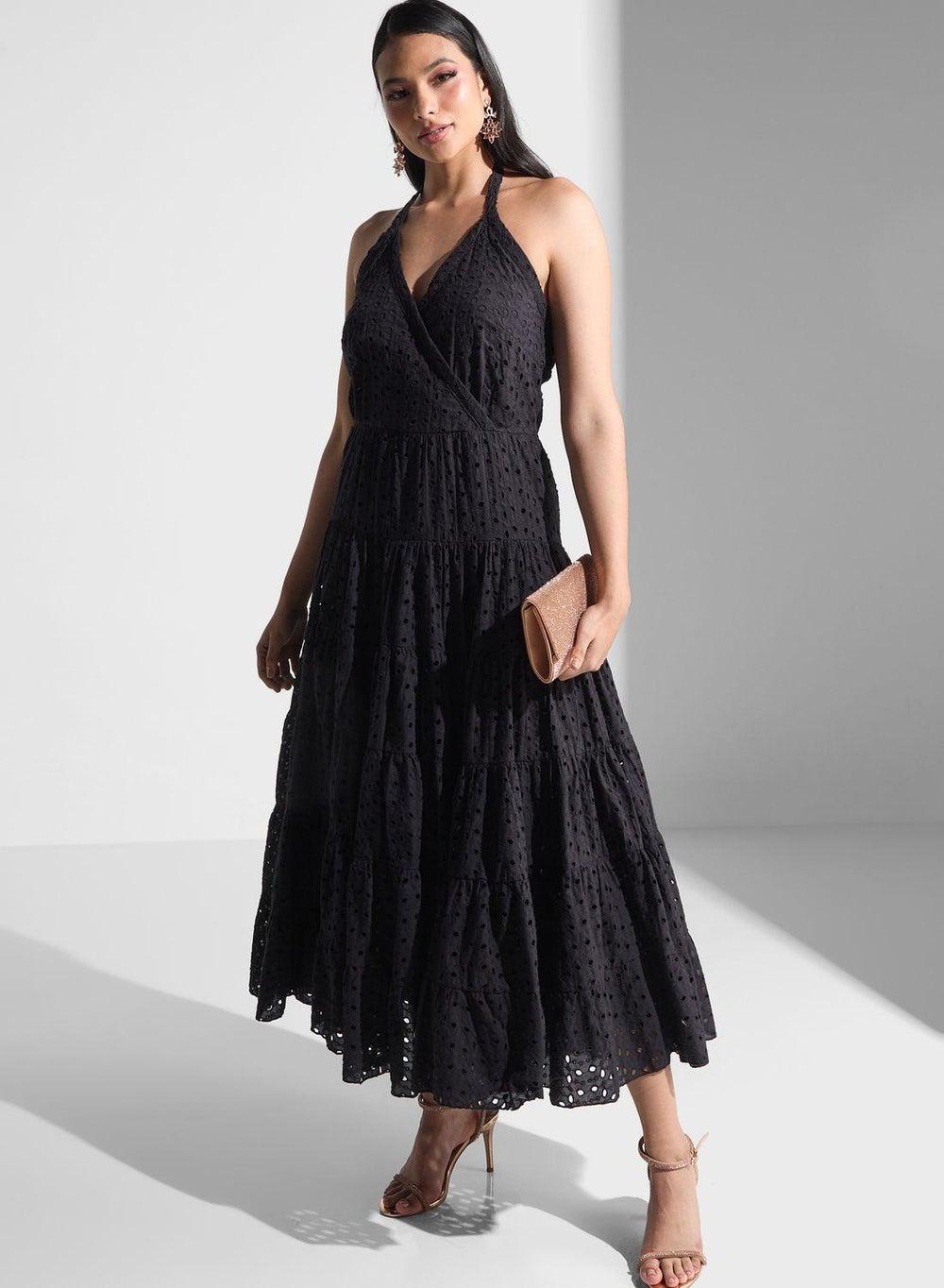 Black Eyelet Tiered Halter Maxi Dress - Image 1
