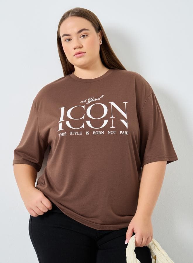 Styli Plus Size Brown Graphic Print Tee - Image 1