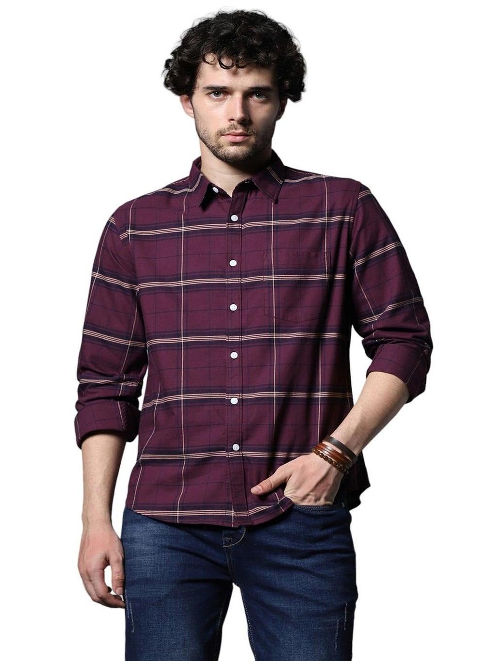 Maroon Windowpane Cotton Shirt Classic Fit - Image 1