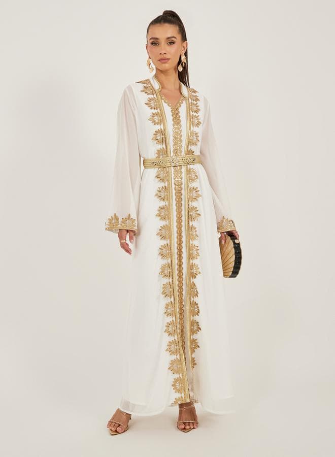 White Lace Insert Embbellished Abaya 7011808436 - Image 1