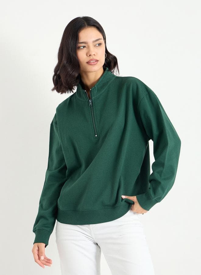 Styli Dark Green Half Zip Cotton Sweatshirt - Image 1