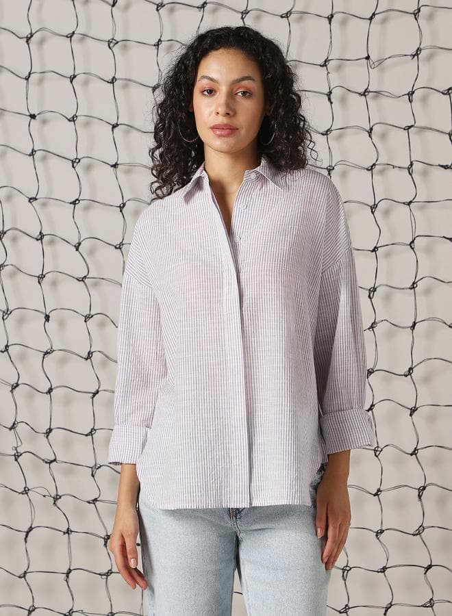Purple Striped Oversized Cotton Shirt for Women - Image 1