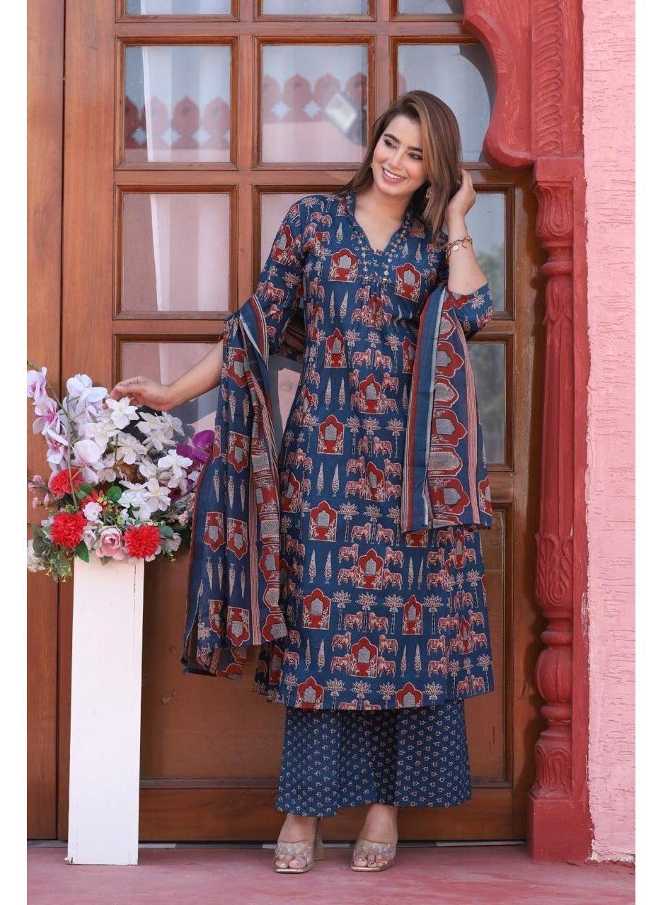 Navy Handblock Printed Cotton Kurta Set with Dupatta - Image 1