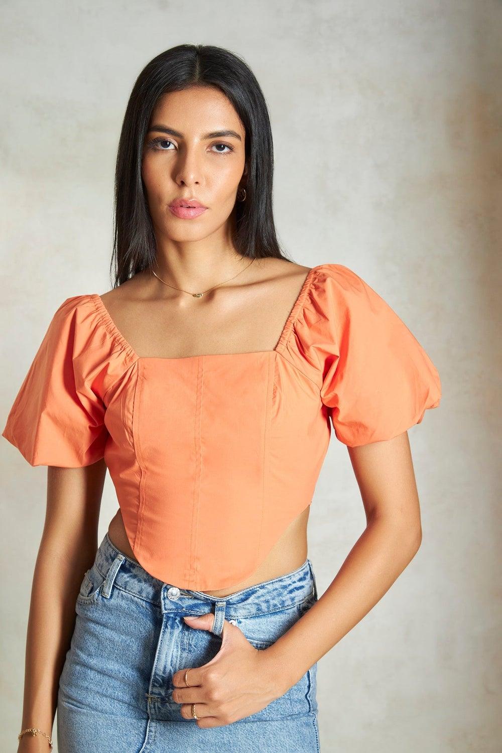 Orange Cotton Corset Puff Sleeve Square Neck Top - Image 1