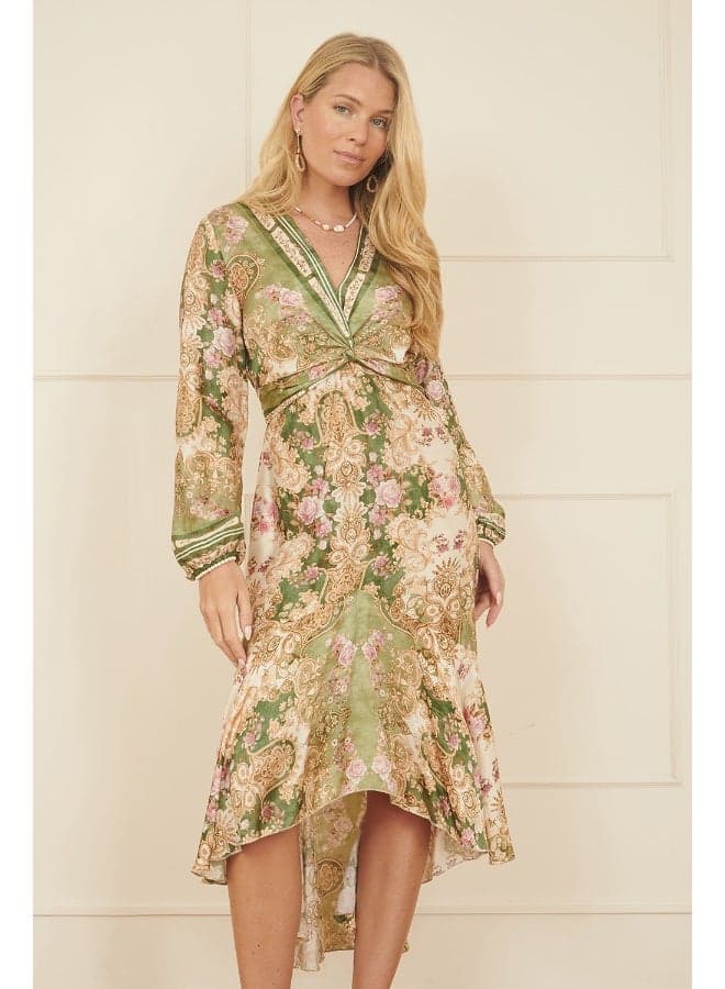 Floral Knot V-Neck Midi Dress in Green Paisley - Image 1