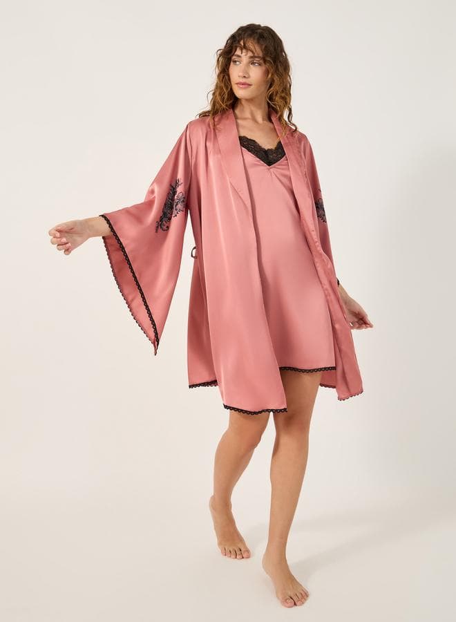 Dusty Pink Lace Trim Slip Dress & Robe Set 7011739428 - Image 1