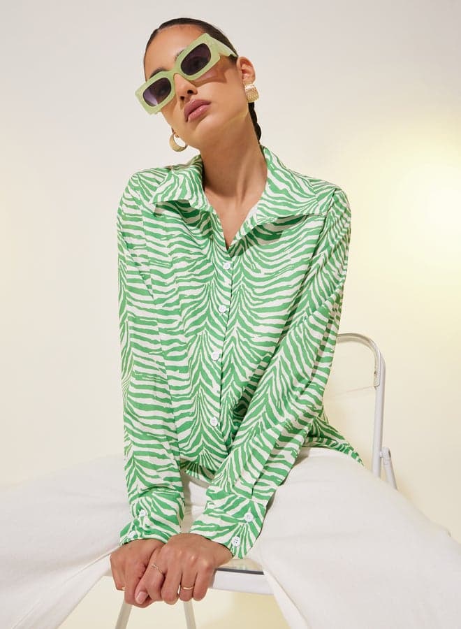 Green Animal Print Oversized Button-Up Shirt 7017048613 - Image 1