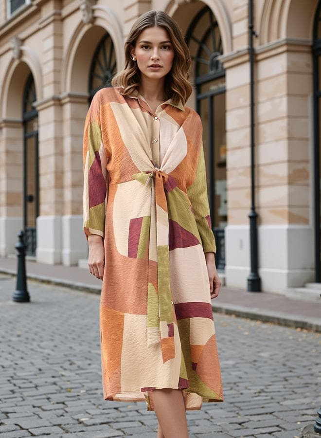 Iconic Multicolor Print Shirt Midi Dress with Knot Detail - Image 1