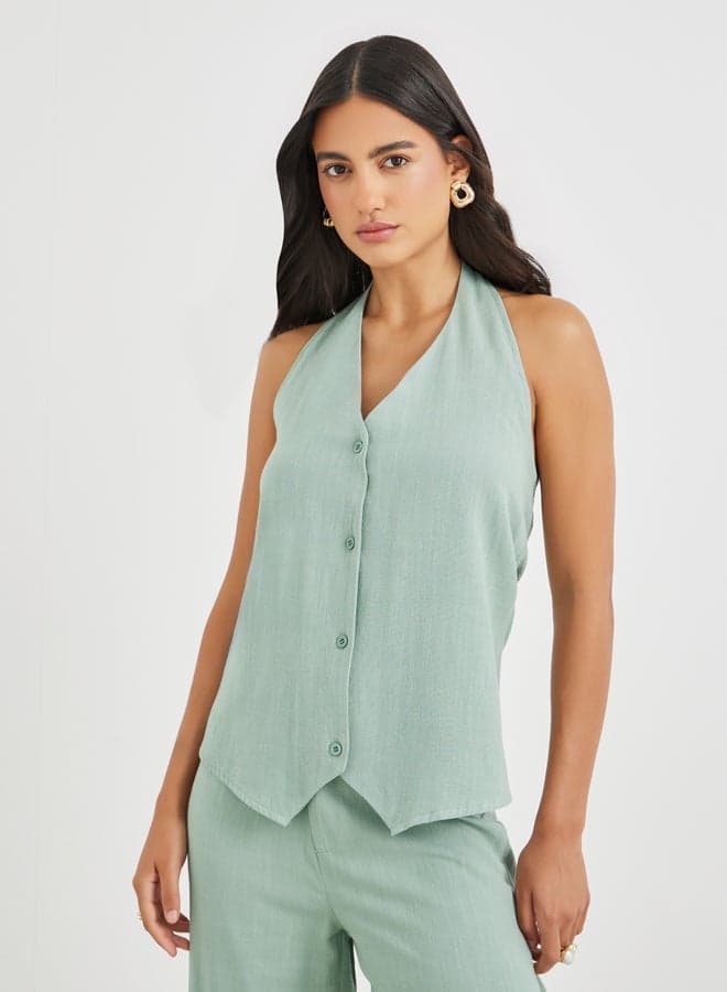 Styli Green Halter Neck Buttoned Waistcoat Top - Image 1