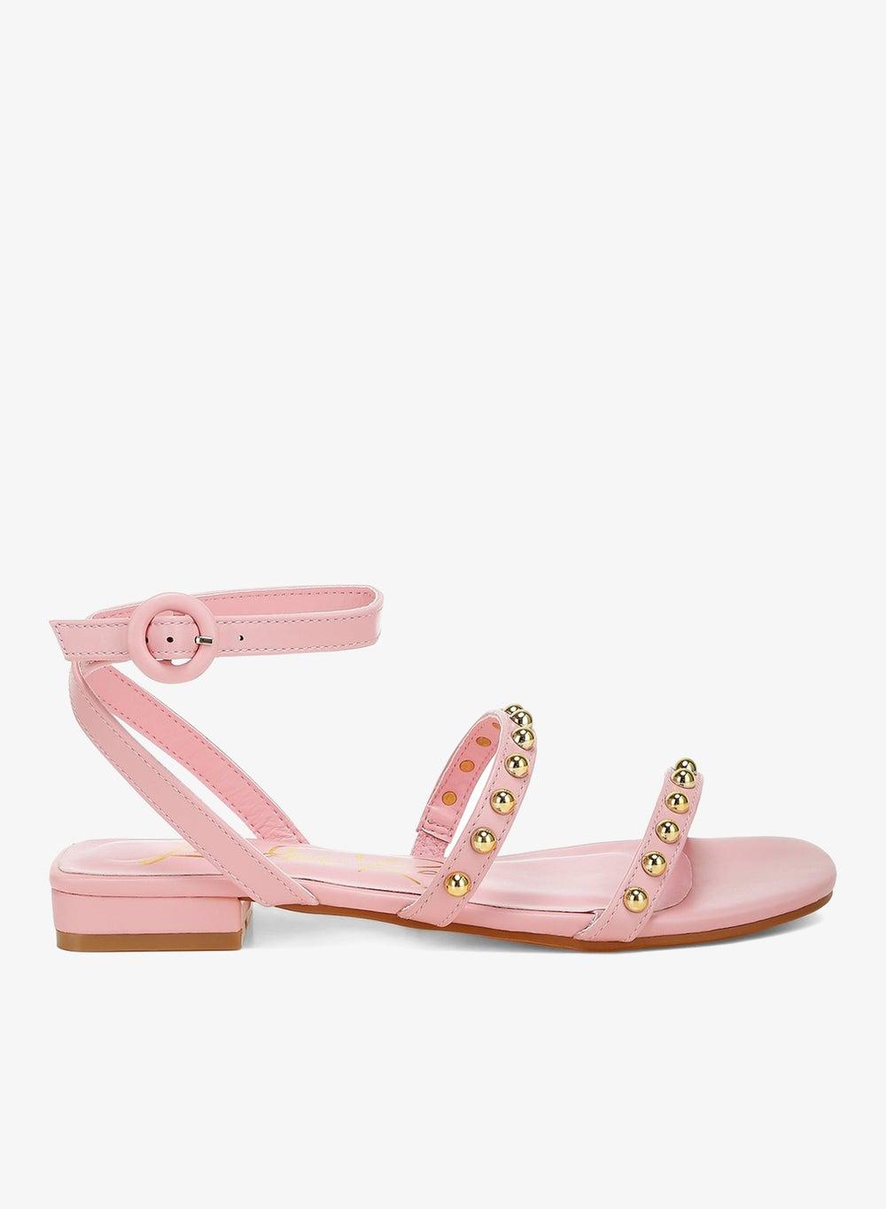 Pink Studded Ankle Strap Flat Sandals Sh4819 - Image 1