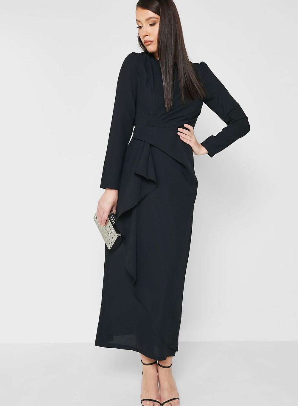 Waterfall Crepe Midi Dress Rt60835 Black Elegance - Image 1