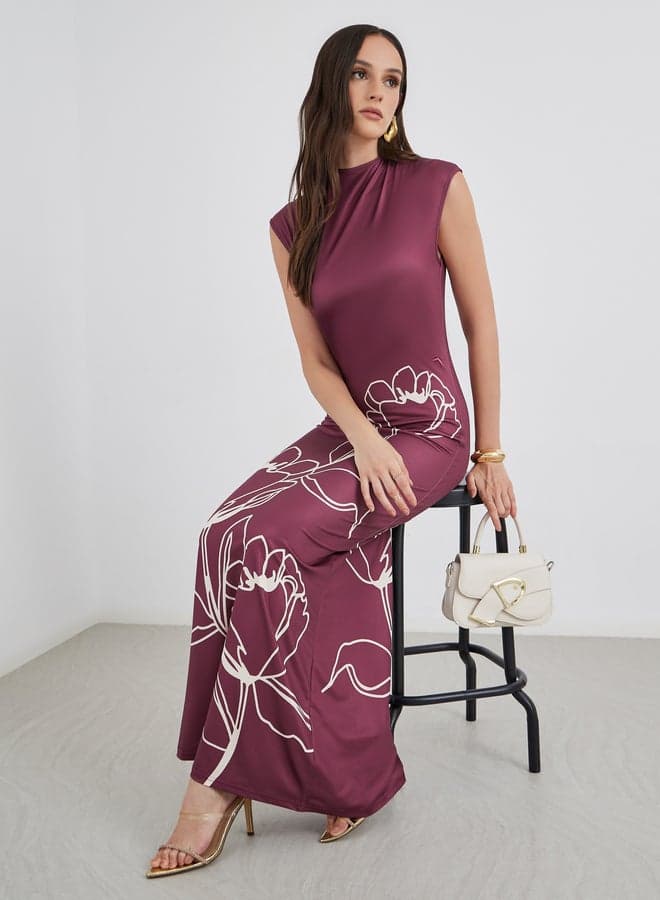 Styli Burgundy Floral Bodycon Maxi Dress - Image 1