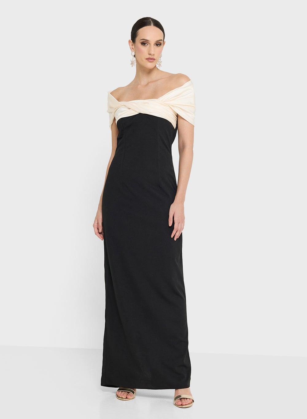Kh863 Contrast Floral Off-Shoulder Midi Dress - Image 1