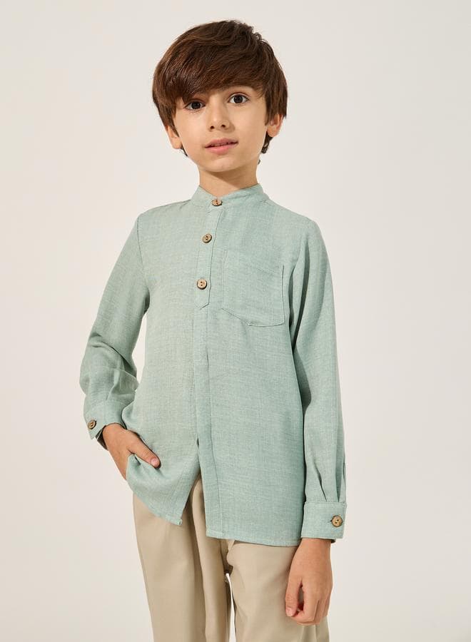 Styli Plain Mandarin Collared Shirt 2112245413Green - Image 1