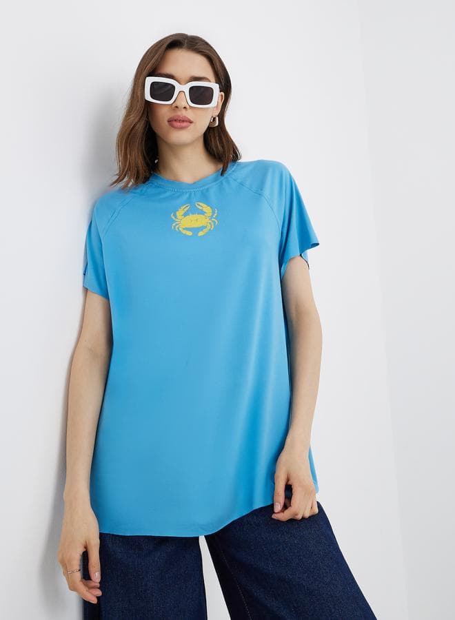 Blue Graphic Print Oversized Round Neck T-Shirt - Image 1