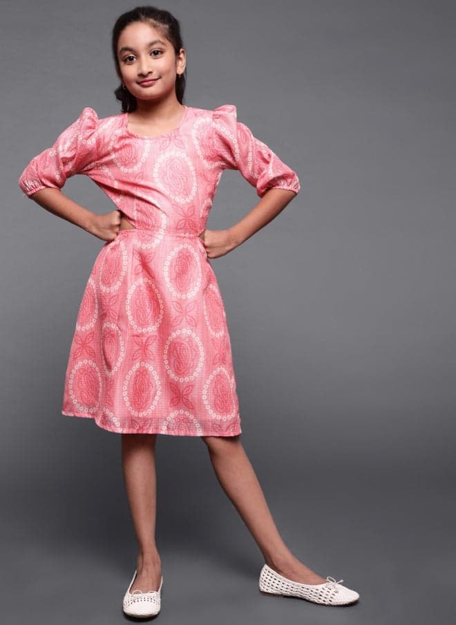 Peach Ethnic Motifs A-Line Girls Dress - Image 1