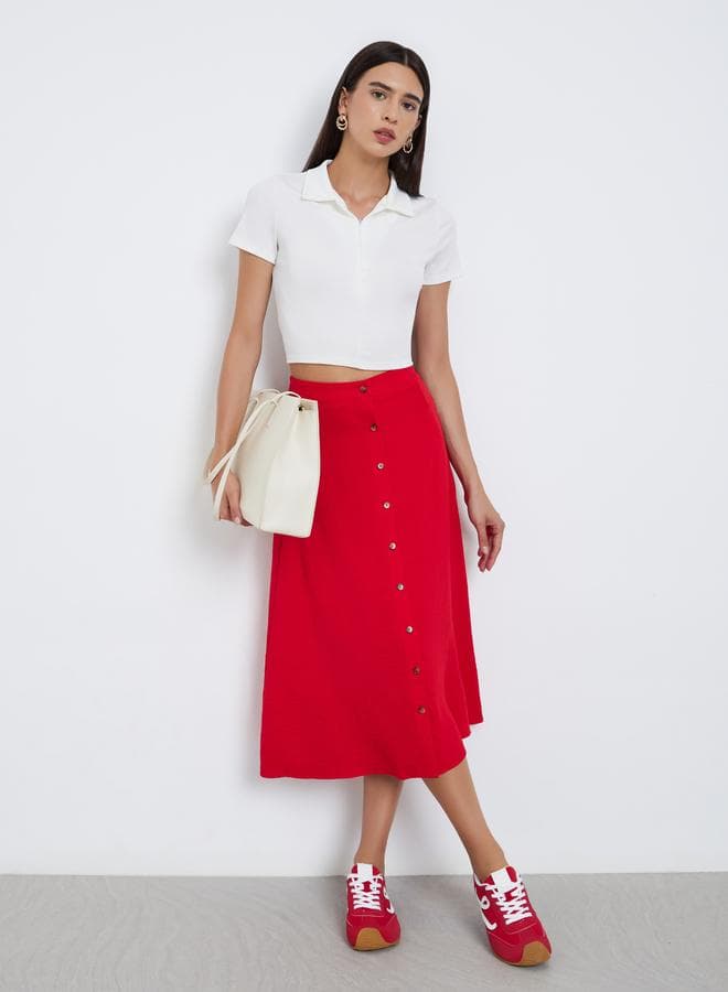 Take Two Coral A-Line Midi Skirt with Button Detail - Image 1
