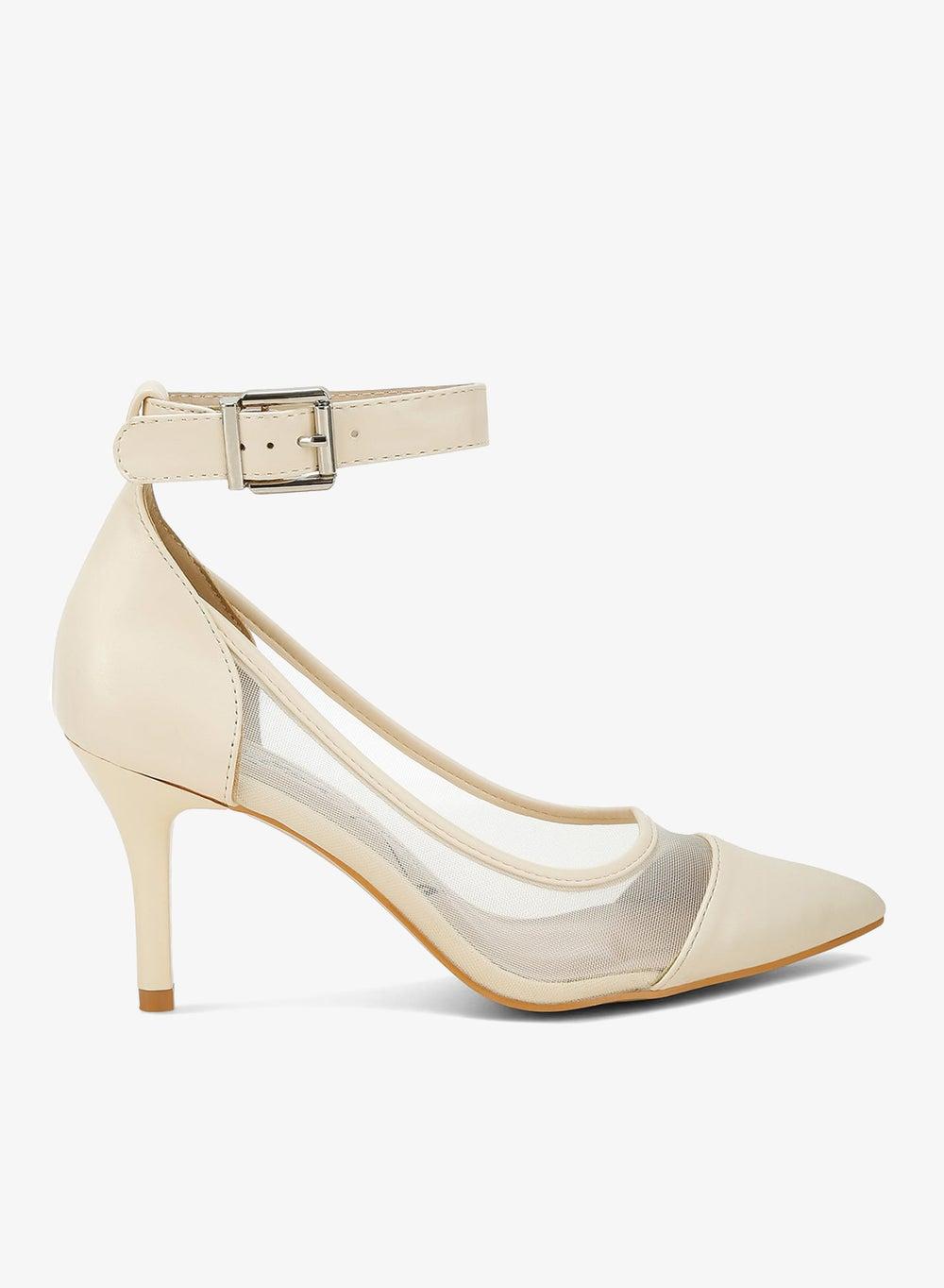 Beige Pointed Mesh Ankle Strap Pumps Sh4785 - Image 1