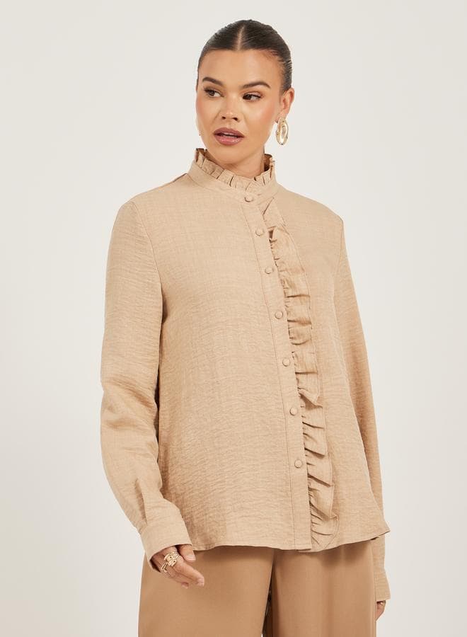 Styli Off White Textured Ruffle High Neck Blouse - Image 1