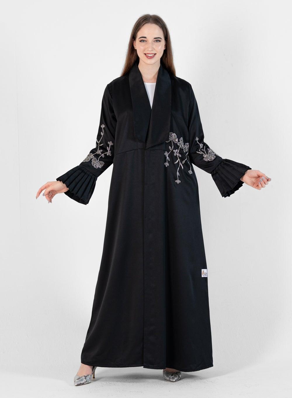 Black Jacket-Style Abaya with Silver Floral Embroidery - Image 1