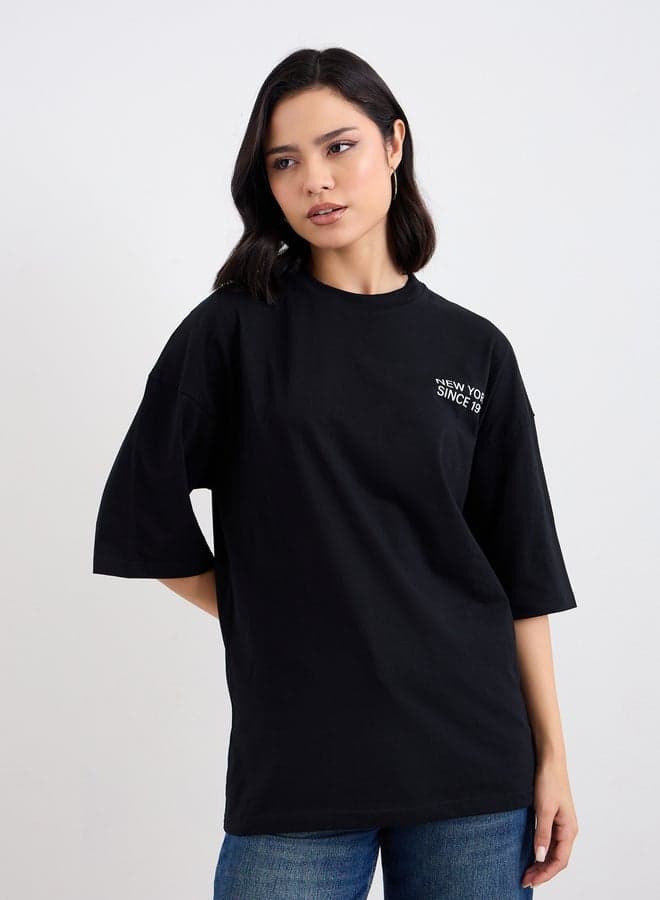 Styli Slogan Print Black Oversized Cotton T-Shirt - Image 1