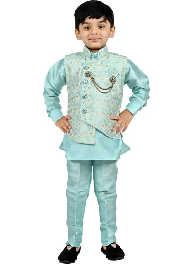 Sky Blue Kurta Pyjama Set for Boys - Image 1
