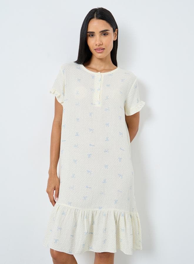 Styli Cotton Gauze Floral Ruffled Nightdress - Image 1