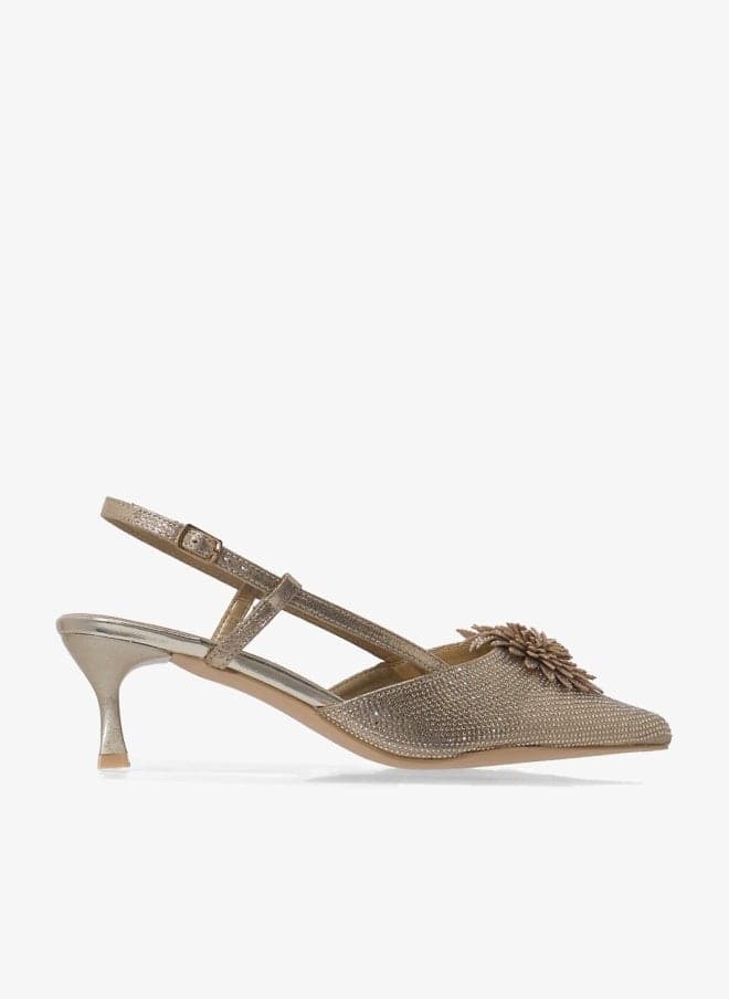 Gold Diamante Pointed Slingback Kitten Heel Pumps Vhl89241178 - Image 1