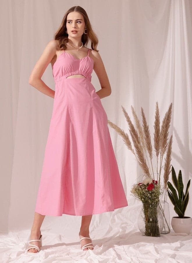Pink Cotton Fit & Flare Midi Dress with Cut-Out - Image 1