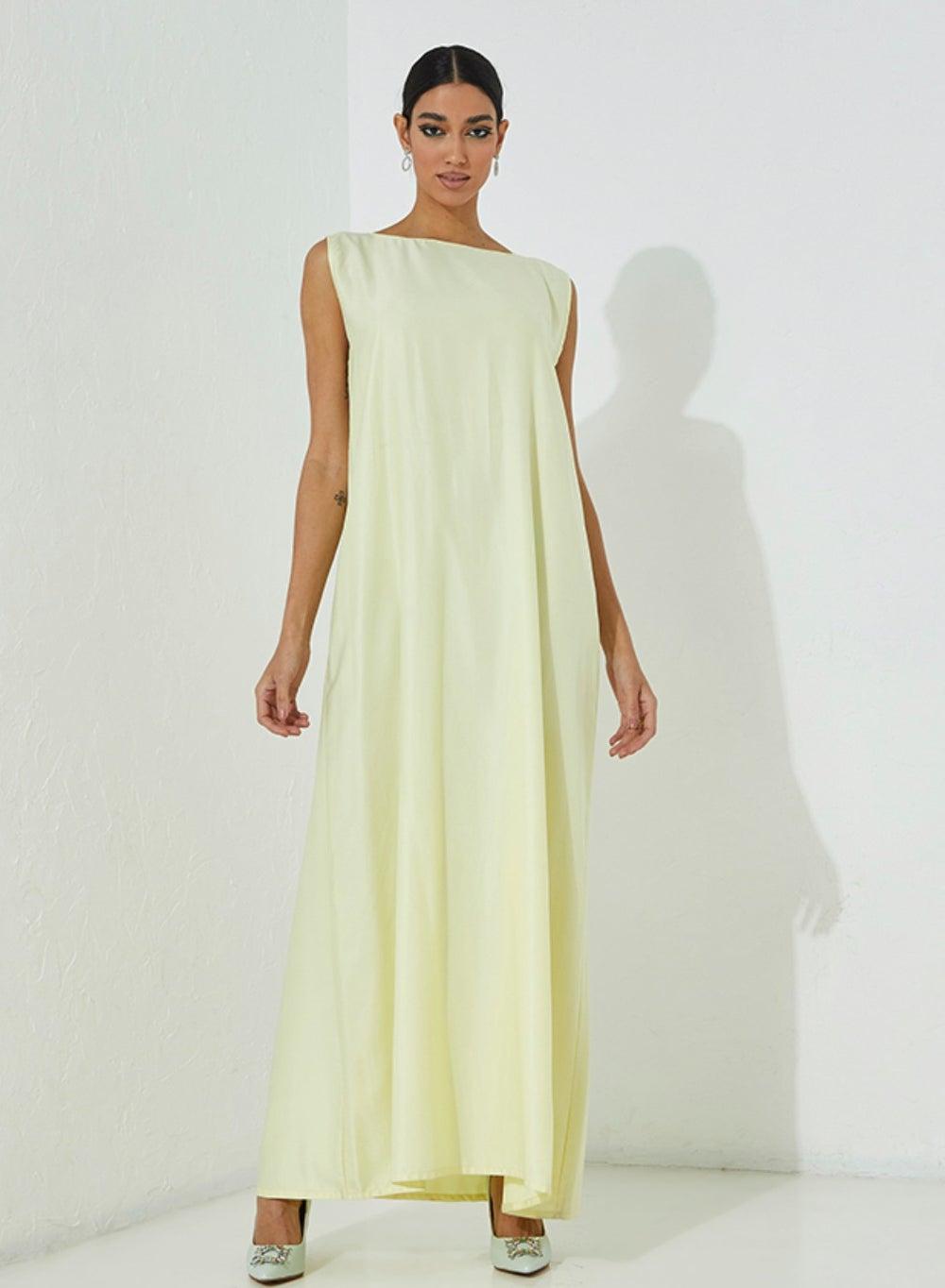 Pale Yellow Sleeveless Maxi Dress – Square Neck - Image 1