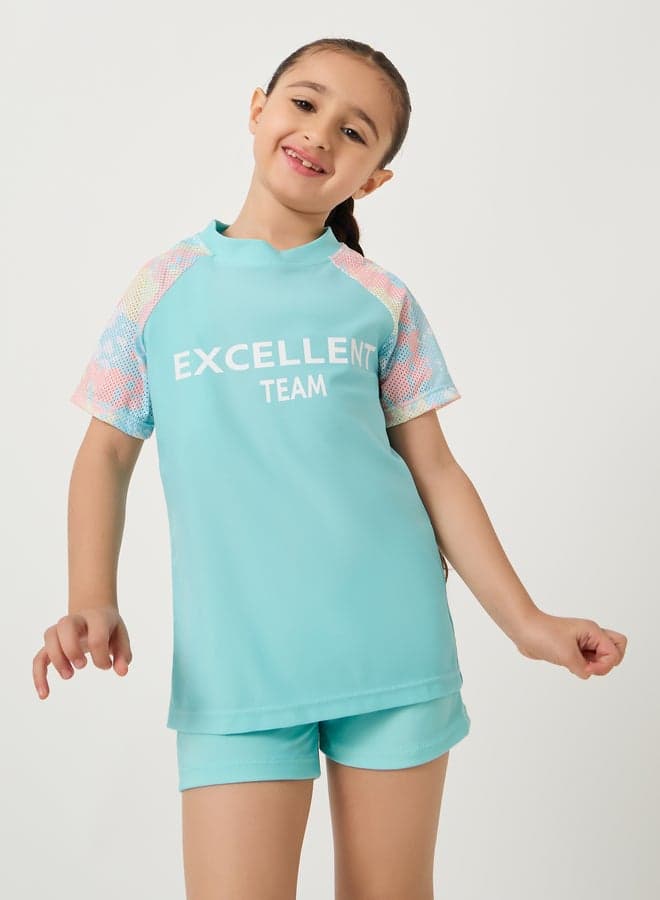Girls Typography Print Short Sleeve Swimsuit Cap Set - Image 1