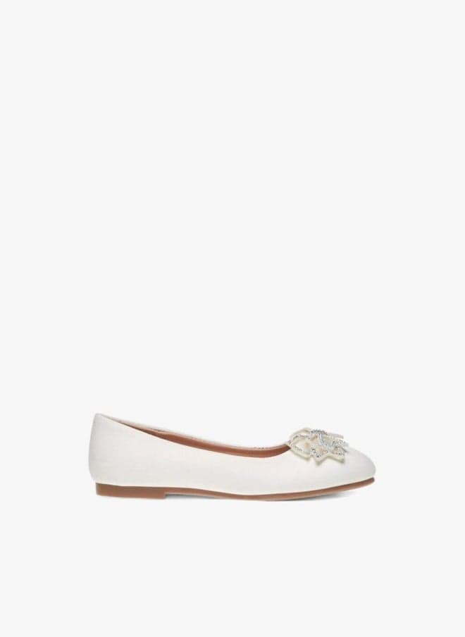 Girls Bow Embellished White Ballerina Slip-On Shoes - Image 1