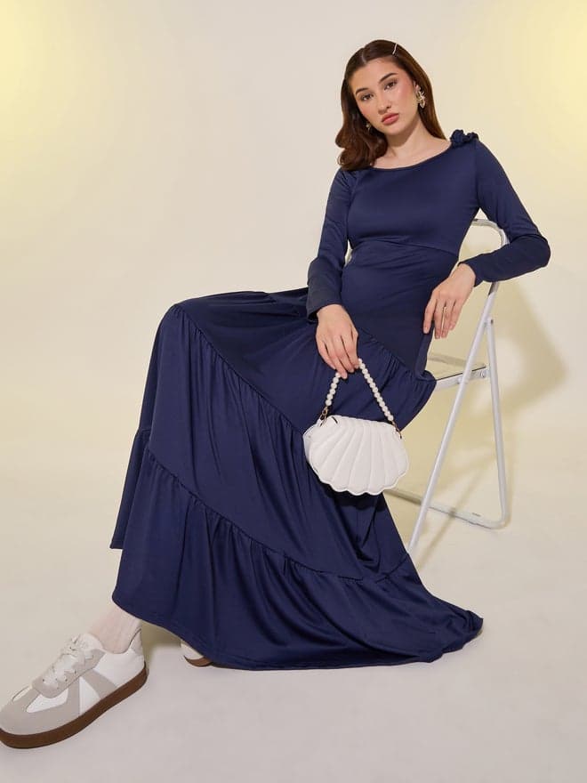 Navy Tiered Jersey Maxi Dress – Classic Fit - Image 1
