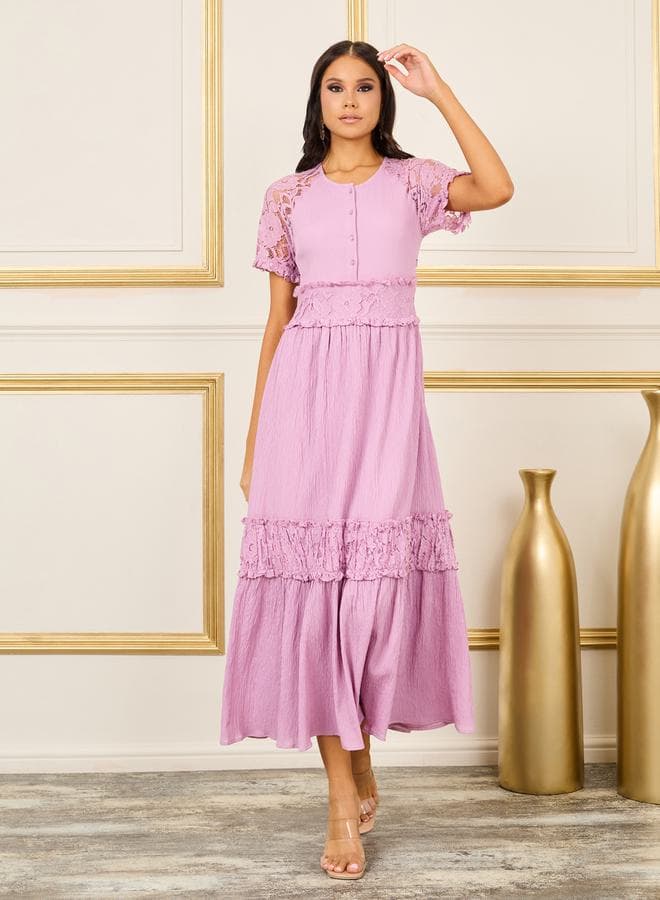 Styli Lace Detail Button A-Line Maxi Dress Lilac - Image 1