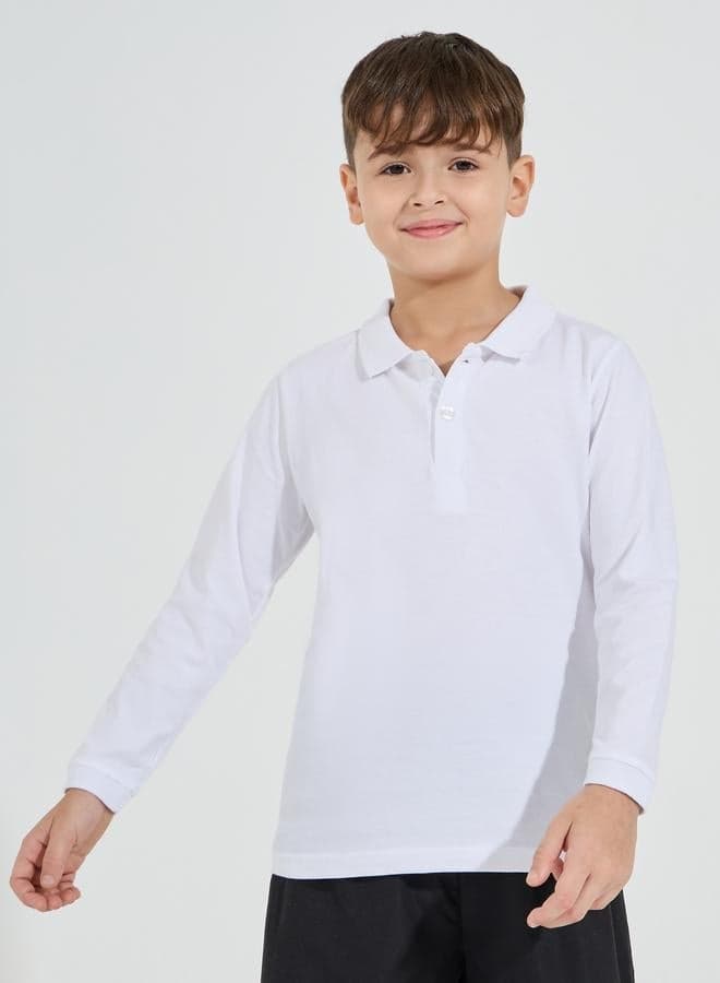 Boys White Solid Polo Full Sleeve T-Shirt - Image 1