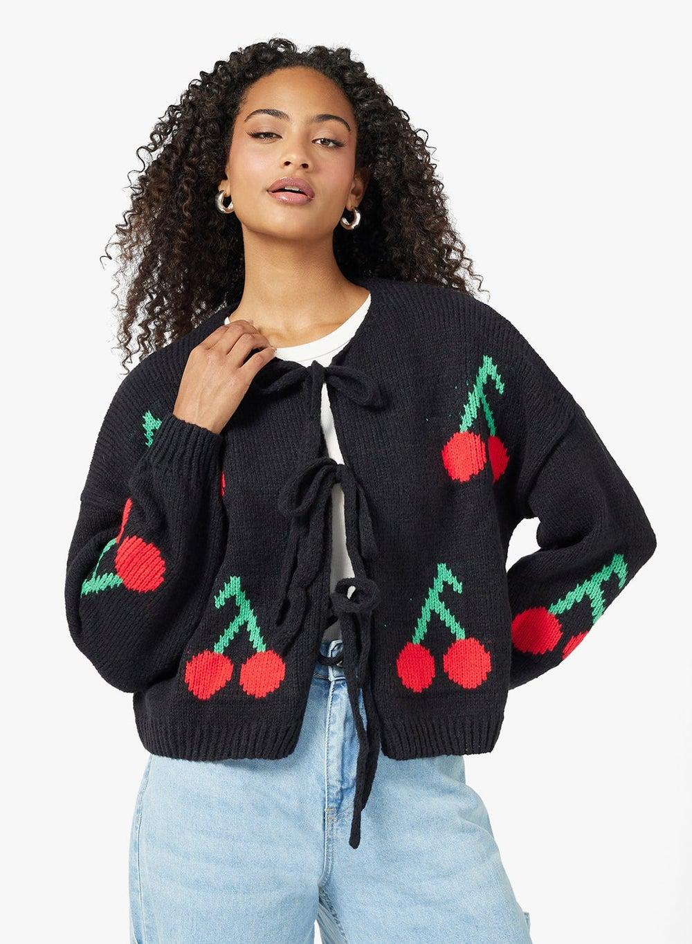 Cherry Bow Tie Detail Black Cardigan Y250520125 - Image 1