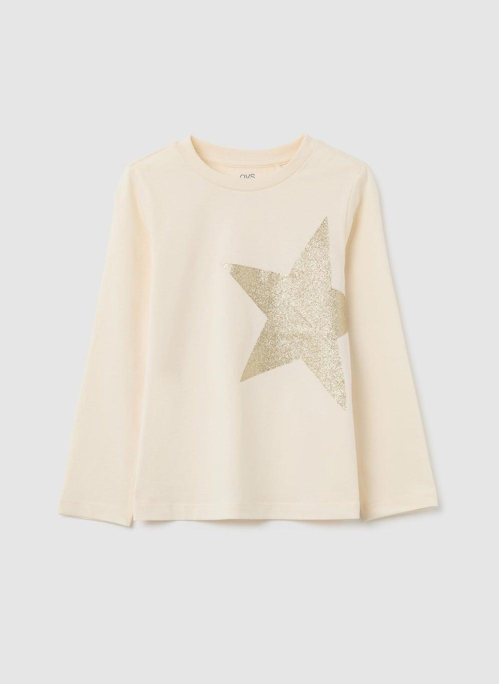 OVS Beige Girls Cotton T-Shirt Glitter Star Design - Image 1