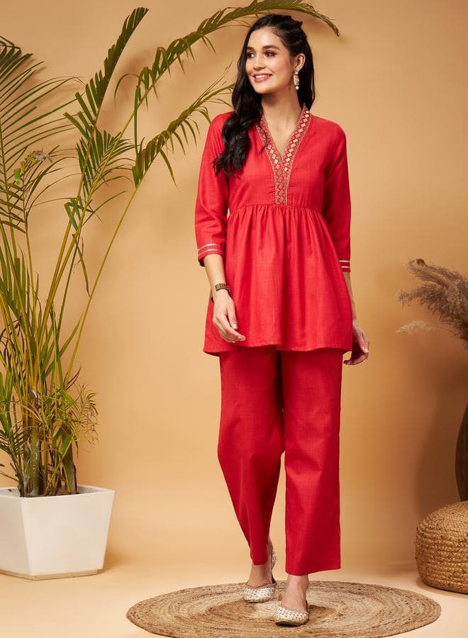 Embroidered Red Peplum & Wide Leg Suit Set 7007625530 - Image 1