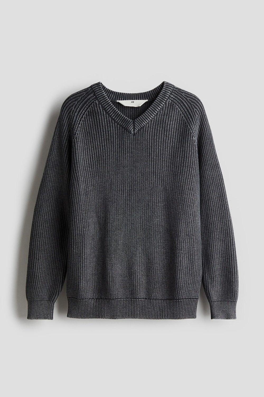 Rib-Knit V-Neck Jumper in Black Dark - Image 1