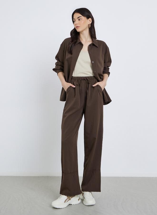 Coffee Brown Buttoned Shirt & Loose Pants Co-Ord Set - Image 1