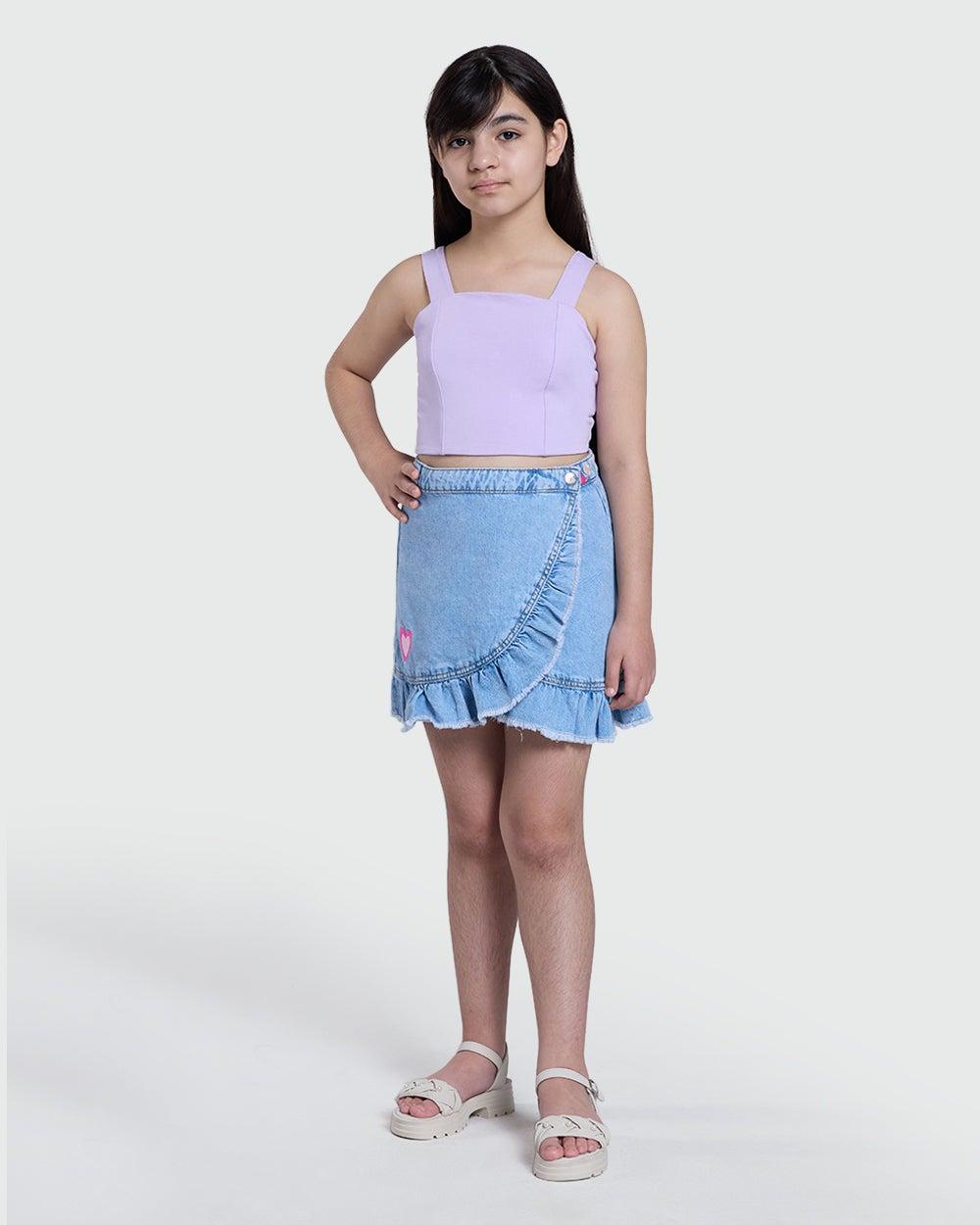 Medium Blue Denim Girls A-Line Midi Skirt - Image 1