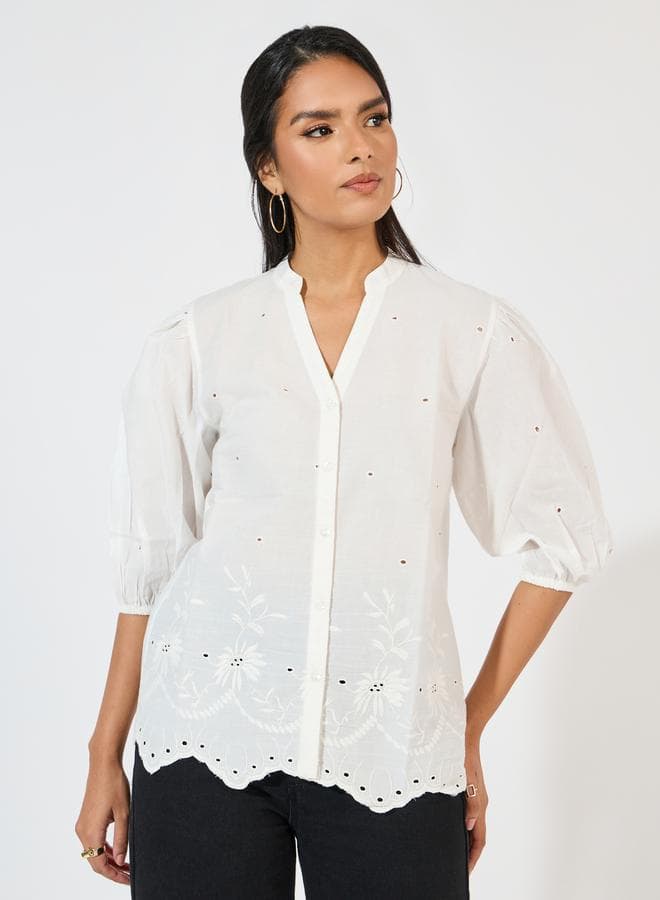 Schiffli Embroidered V-Neck Puff Sleeve Top 7008745236 - Image 1