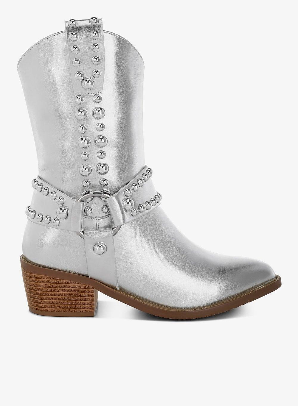 SH5103 Silver Studded Harness Ankle Boots - Image 1
