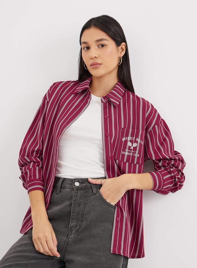 Styli Burgundy Striped Oversized Chest Pocket Shirt - Image 1