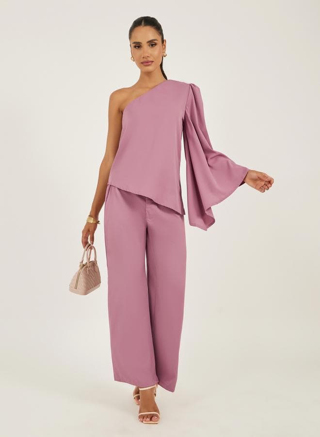 Pink One-Shoulder Top & Flared Trousers Set 7011874628 - Image 1