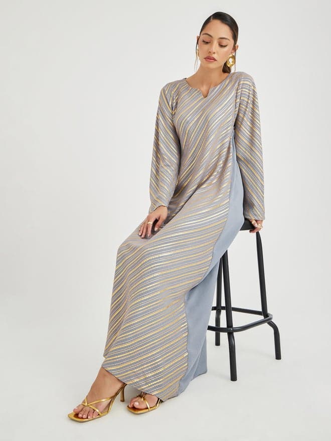 Amirah Foil Print Notch Neck Grey Jalabiya - Image 1