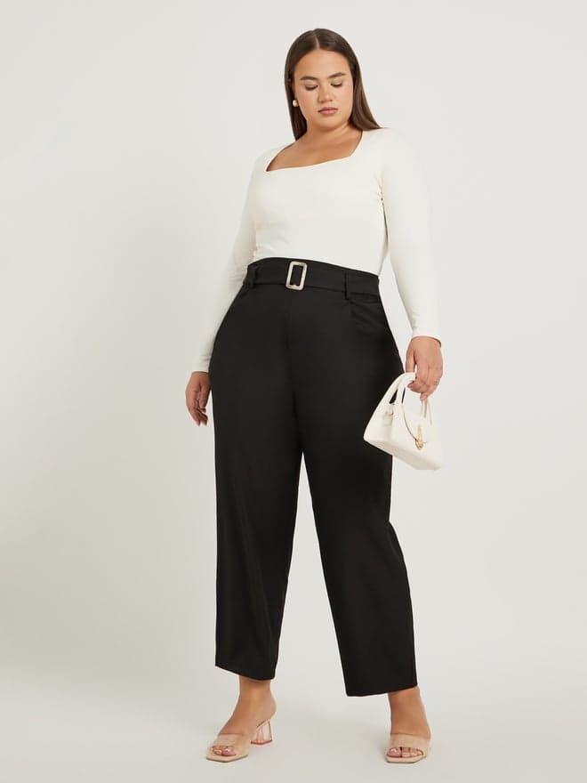 Plus Size High Rise Pleated Tapered Pants Belted Black - Image 1