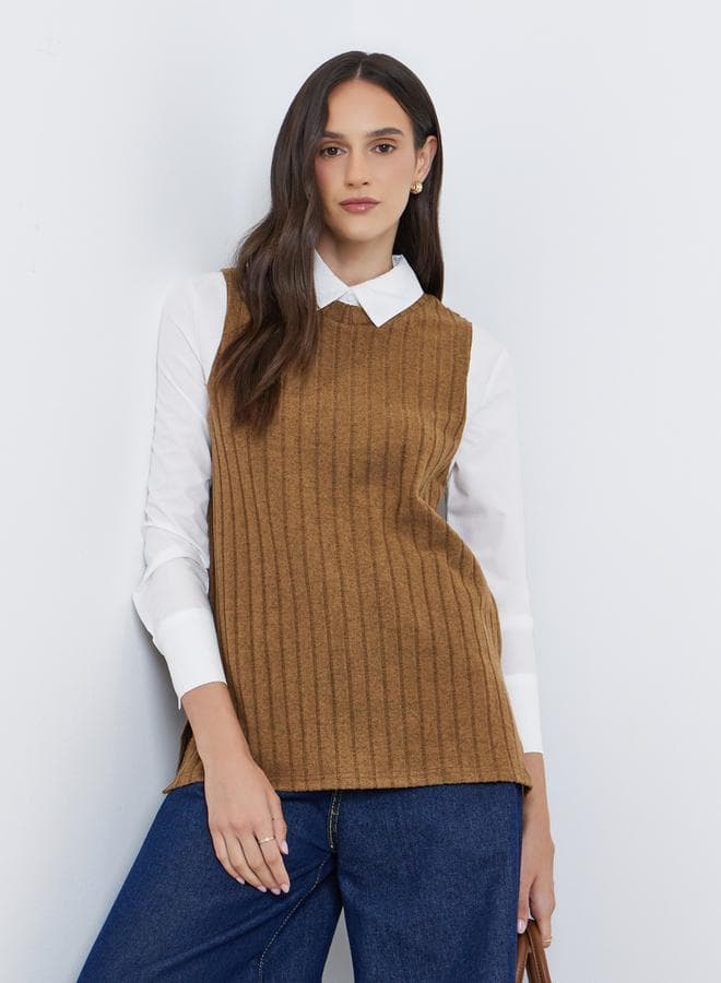 Styli Brown Ribbed Overlay Collared Shirt - Image 1