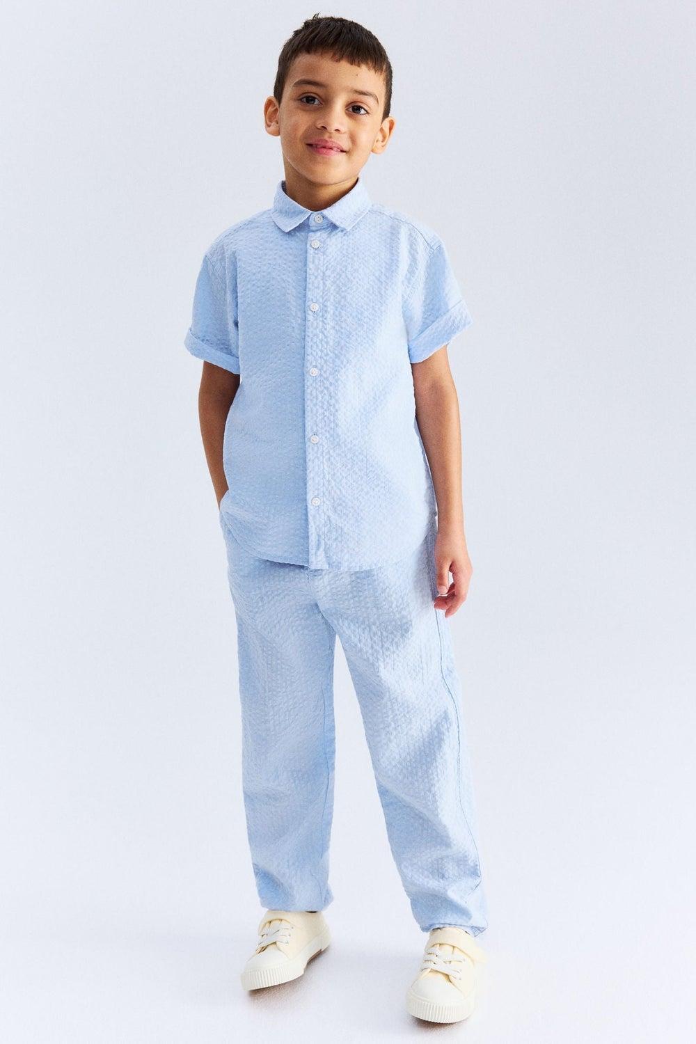 Cotton Seersucker Trousers Light Blue Straight Fit - Image 1